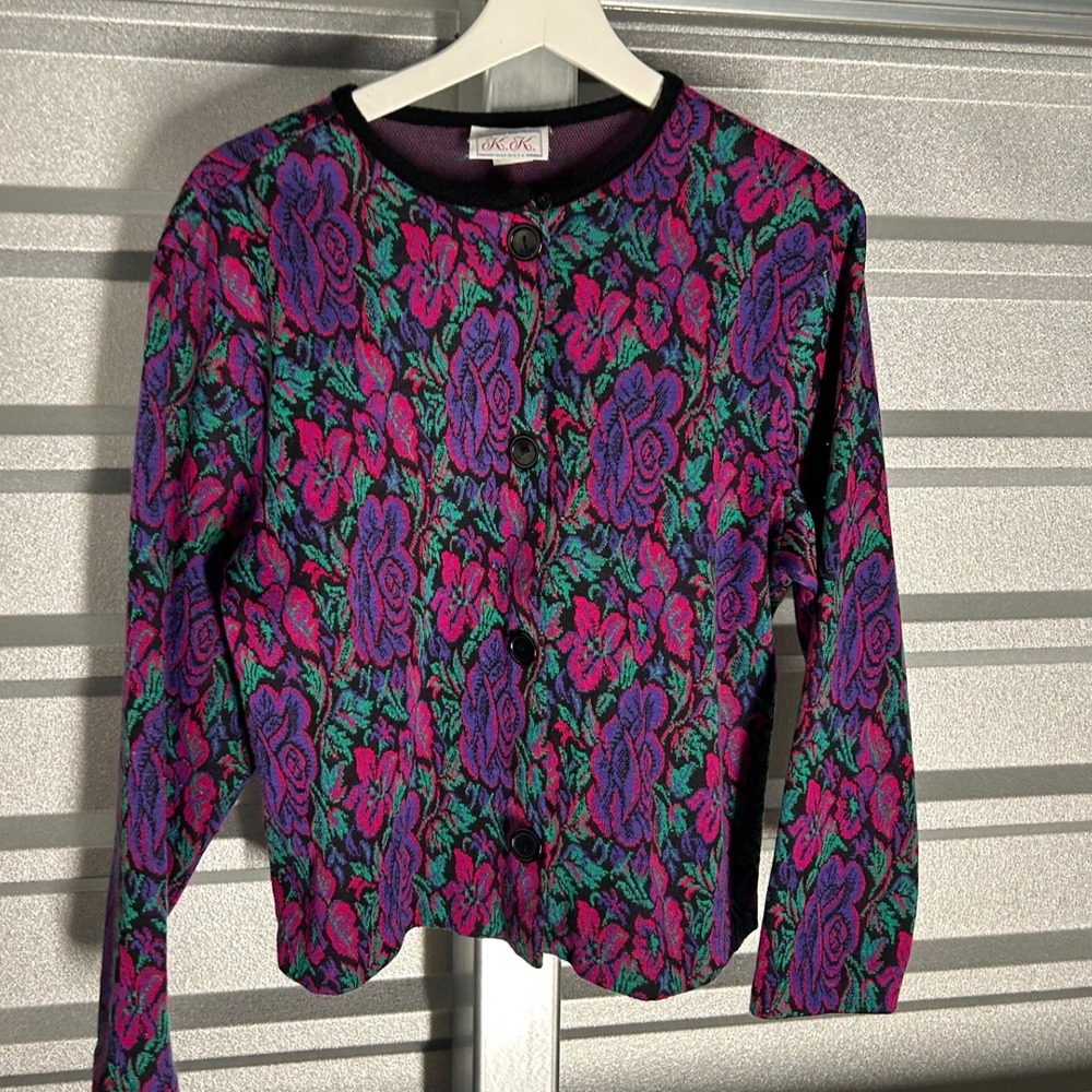 VINTAGE K.K. Cardigan Sweater Womens 14 Multi Color Floral Rose Tapestry Knit